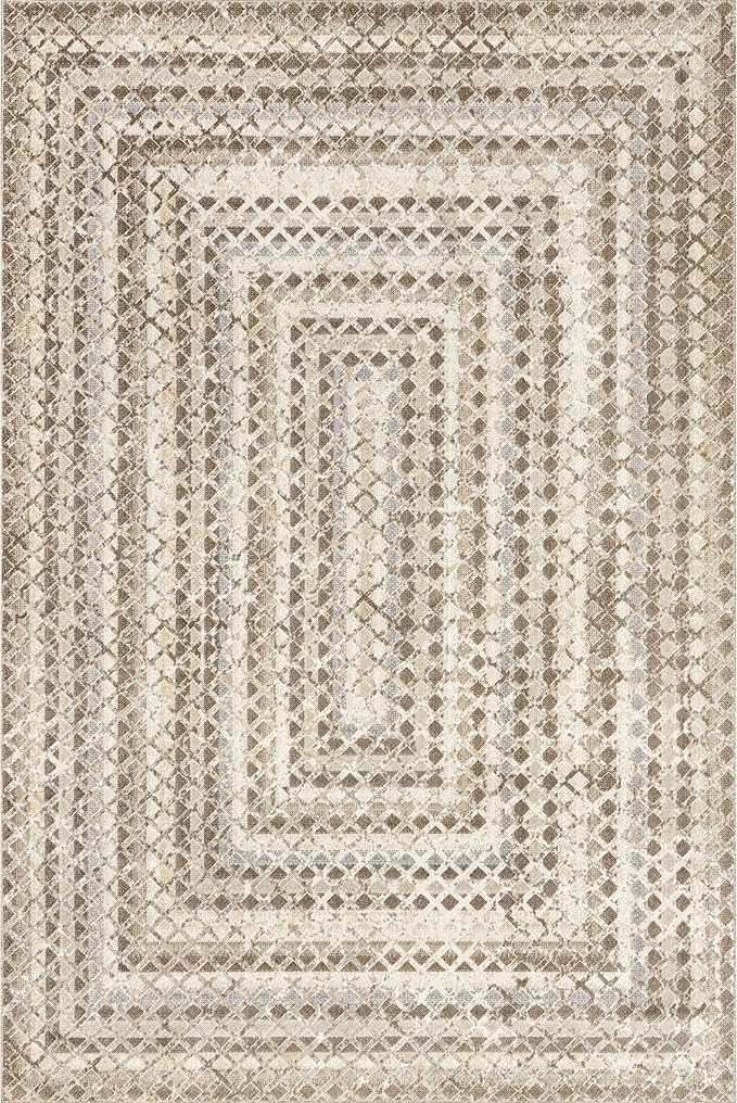 nuLOOM Carley Machine Washable Geometric Area Rug - 6 Round Machine Washable Area Rug Farmhouse Beige/Ivory Rugs for Living Room Bedroom Dining Room Kitchen